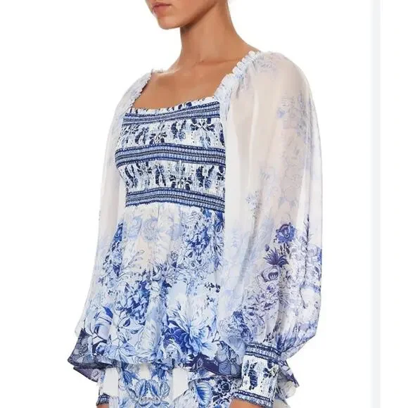 Camilla Silk Blouse Puff Sleeve Blue Floral Women’s Medium - Picture 2 of 10